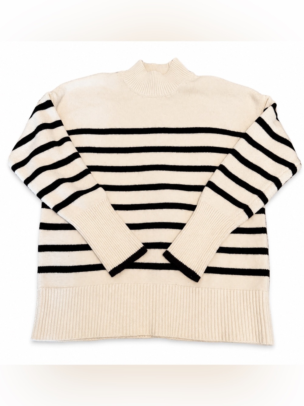 Philosophy Breton Striped Mock Crew Neck Sweater Ivory Black Soft Knit Cozycore - Picture 8 of 16